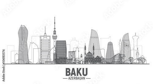 Baku  Azerbaijan  line skyline silhouette. Stroke vector illustration. Business travel and tourism concept with modern buildings. Image for banner or web site. 