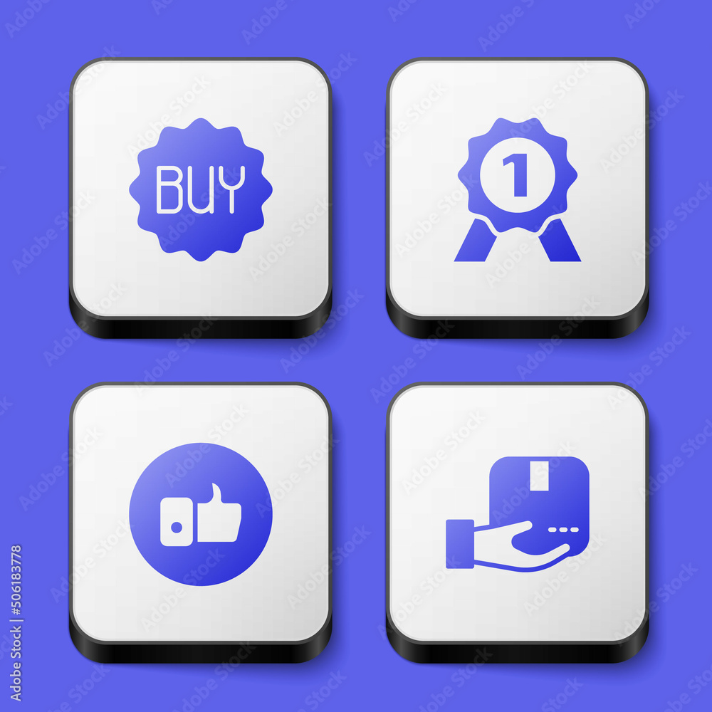 Set Buy button, Medal, Hand like and Delivery hand with box icon. White square button. Vector Set Buy button, Medal, Hand like and Delivery hand with box icon. White square button. Vector