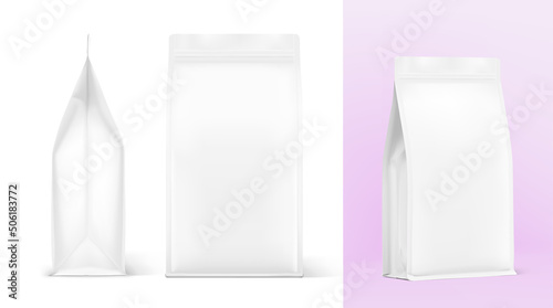 Vertical bag mockup. Vector illustration. Front, side and isometric view. Ready for your design. Perfect for the presentation of coffee, food, for pets, household, etc.