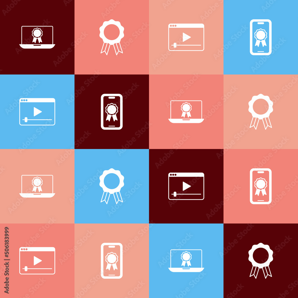 Set pop art Online education with diploma, play video and icon. Vector Set pop art Online education with diploma, play video and icon. Vector