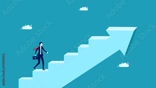 Grow forward. A businessman travels up the arrow ladder of growth. business concept vector illustration