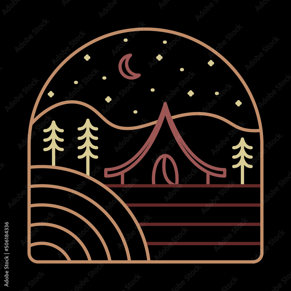 Camping in the nature at night mono line graphic illustration vector art t-shirt design Camping in the nature at night mono line graphic illustration vector art t-shirt design