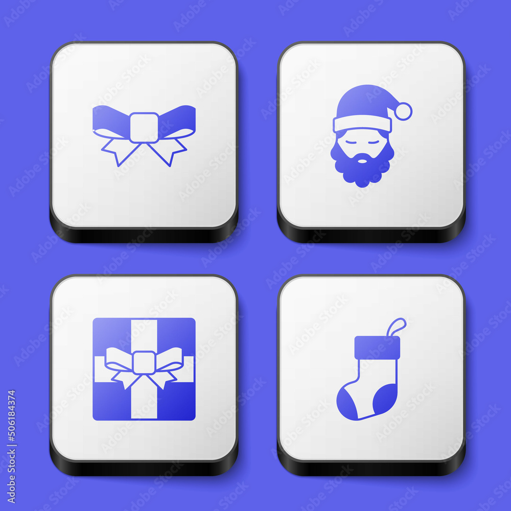 Set Gift bow, Santa Claus hat and beard, box and Christmas stocking icon. White square button. Vector