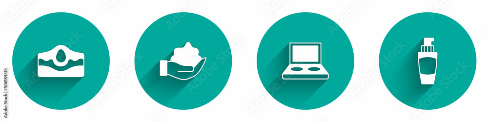 Set Acne, Shaving foam on hand, Eye shadow palette with brush and Tube of cream icon with long shadow. Vector Set Acne, Shaving foam on hand, Eye shadow palette with brush and Tube of cream icon with long shadow. Vector