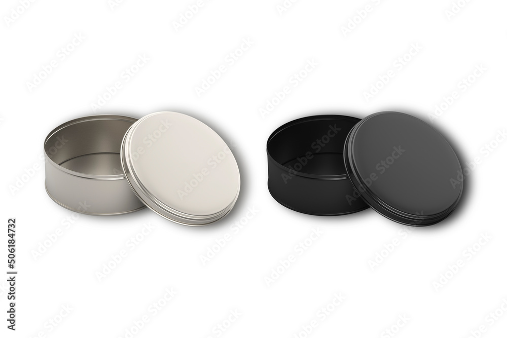 Blank white and black Round cookie tin box mock-up template. Good for packaging design.3d rendering. Blank white and black Round cookie tin box mock-up template. Good for packaging design.3d rendering.