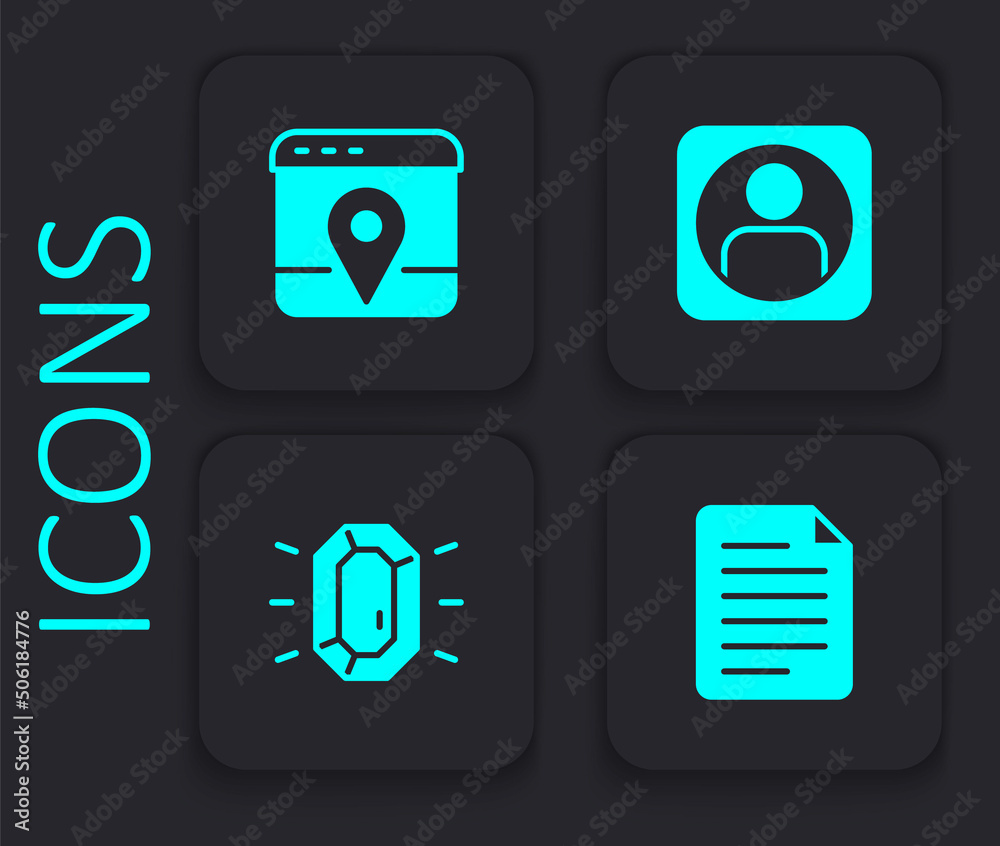 Set File document, Infographic of city map, Create account screen and Diamond icon. Black square button. Vector