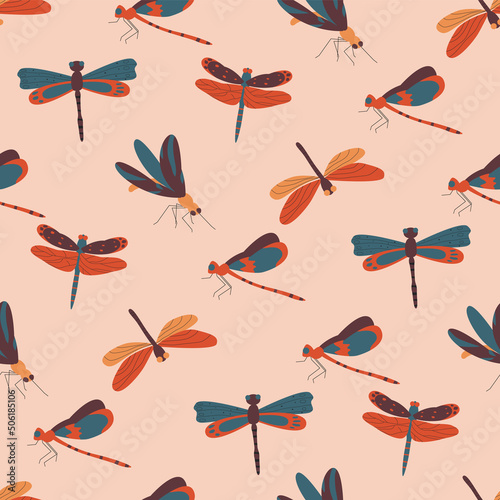 Beautiful dragonflies with colorful wings seamless pattern. Flat vector illustration