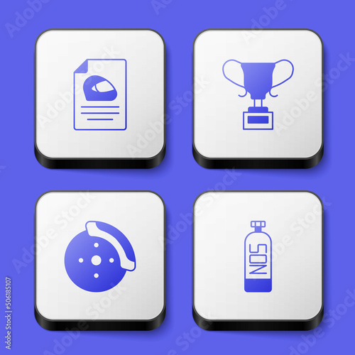Set Racing helmet, Award cup, Car brake disk with caliper and Nitrous oxide icon. White square button. Vector