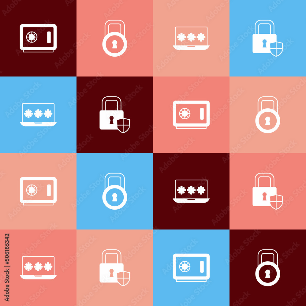 Set pop art Safe, Lock, Laptop with password and Shield security lock icon. Vector Set pop art Safe, Lock, Laptop with password and Shield security lock icon. Vector