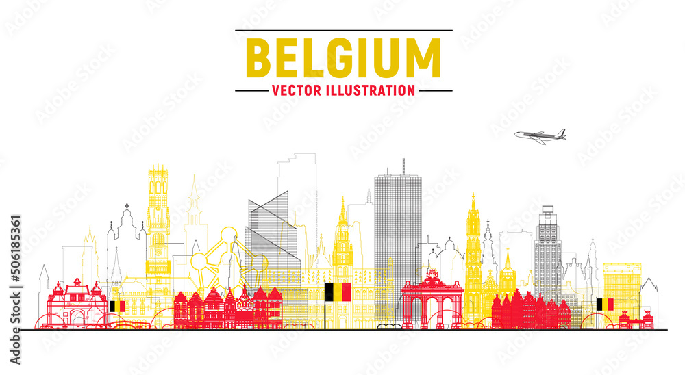 Belgium cities ( Brussels, Bruges, Antwerp, and other) line skyline vector illustration at white background. Business travel and tourism concept with famous Belgium landmarks.