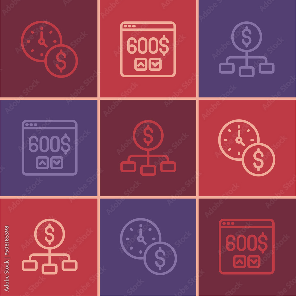 Set line Time is money, Hierarchy with dollar and Monitor icon. Vector Set line Time is money, Hierarchy with dollar and Monitor icon. Vector