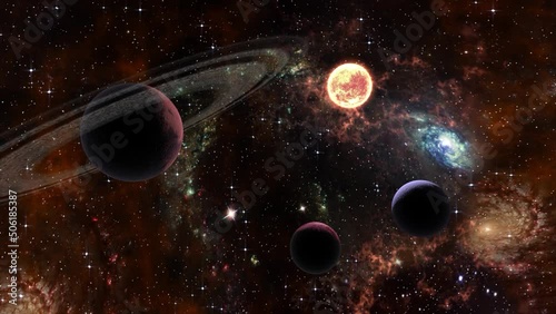 Space flight slowly moving through universe among planets galaxies stars and nebulae