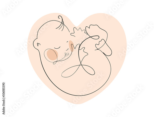 Baby in the uterus in the shape of a heart, a newborn against a pink heart, a linear icon of motherhood, pregnancy. Symbol for pediatrics, children s hospital, maternity hospital. Vector isolated
