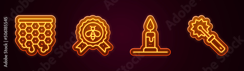 Set line Honeycomb, Best bee, Burning candle and Cutter roll for honey. Glowing neon icon. Vector