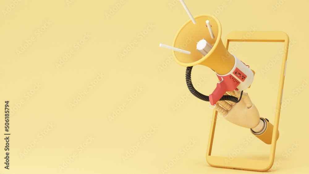 business promotion, advertising, call through the horn, online alerting with megaphone and online social media isolated on pastel color background realistic 3d rendering animation looped