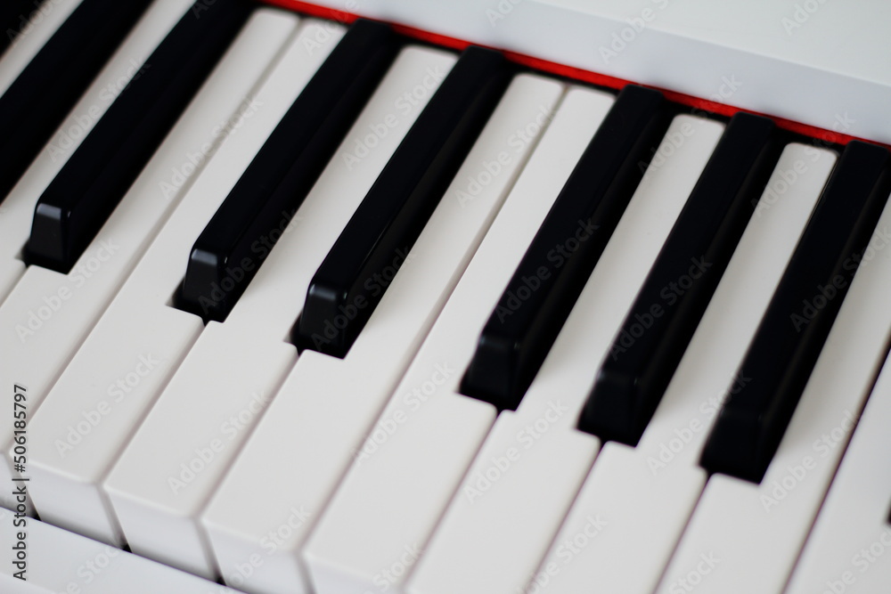 Closeup of piano keyboard with glossy black and white keys as a music background Closeup of piano keyboard with glossy black and white keys as a music background
