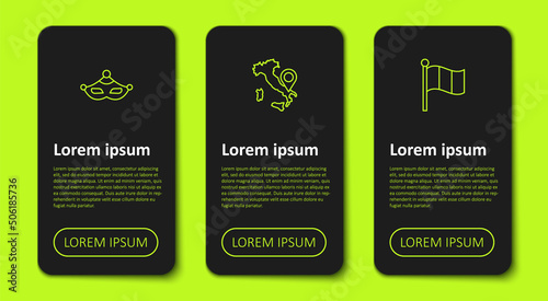 Set line Carnival mask, Map of Italy and Flag. Business infographic template. Vector