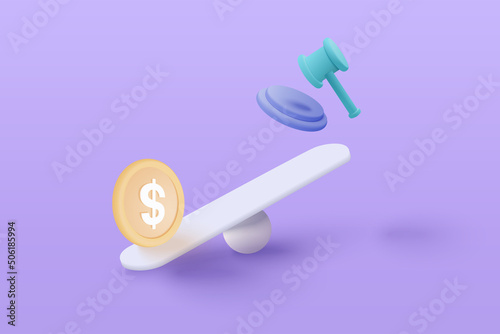 3D money coin compare judge gavel on weighing scales, financial investing, money exchange with law, financial management concept. 3d weighing balance vector render in purple background