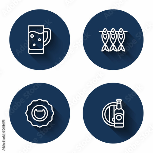 Set line Glass of beer, Dried fish, Bottle opener and Beer bottle and wooden barrel with long shadow. Blue circle button. Vector