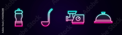 Set line Pepper, Kitchen ladle, meat grinder and Covered with tray of food. Glowing neon icon. Vector