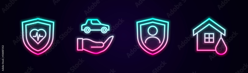 Set line Life insurance with shield, Car, and House flood. Glowing neon icon. Vector