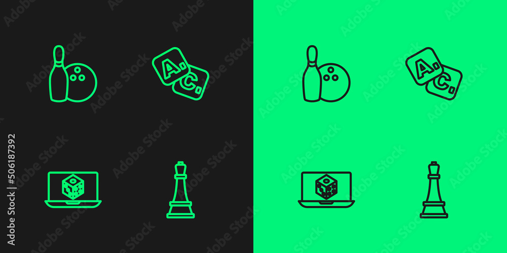 Set line Chess, Game dice, Bowling pin and ball and Bingo icon. Vector Set line Chess, Game dice, Bowling pin and ball and Bingo icon. Vector