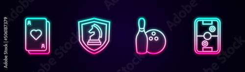 Set line Playing cards, Chess, Bowling pin and ball and Air hockey table. Glowing neon icon. Vector