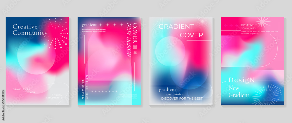 Abstract gradient fluid liquid cover template. Set of modern poster with vibrant graphic color, hologram, circle bubbles, star elements. Minimal style design for brochure, flyer, wallpaper, banner.