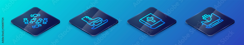 Set Isometric line Holy bible book, Candy, Christmas santa claus sleigh and Skates icon. Vector Set Isometric line Holy bible book, Candy, Christmas santa claus sleigh and Skates icon. Vector