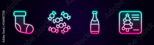 Set line Christmas stocking, Candy, Champagne bottle and postcard. Glowing neon icon. Vector