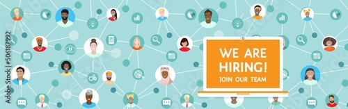 We are hiring, Join our team - human resources recruitment, vector banner with laptop at distance working connected in network people, employees, outsource staff. Diverse international team background