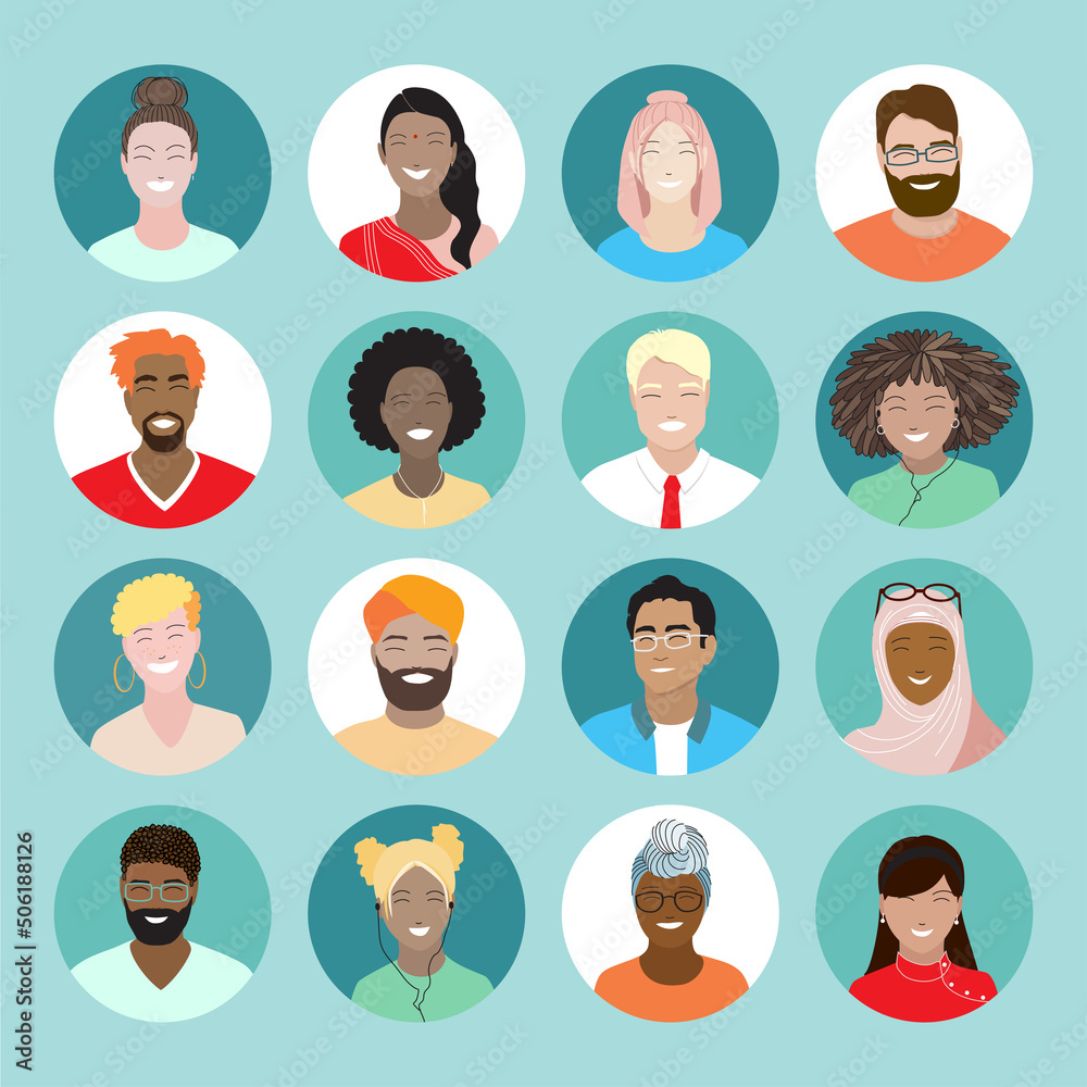 Set of colorful avatars, diverse smiling people. Minimal cartoon young female, male portraits. Multicultural diversity students, international team, arabic, asian, african, indian friends. Flat vector Set of colorful avatars, diverse smiling people. Minimal cartoon young female, male portraits. Multicultural diversity students, international team, arabic, asian, african, indian friends. Flat vector