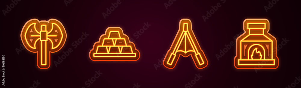 Set line Medieval poleaxe, Gold bars, Air blower bellows and Blacksmith oven. Glowing neon icon. Vector Set line Medieval poleaxe, Gold bars, Air blower bellows and Blacksmith oven. Glowing neon icon. Vector