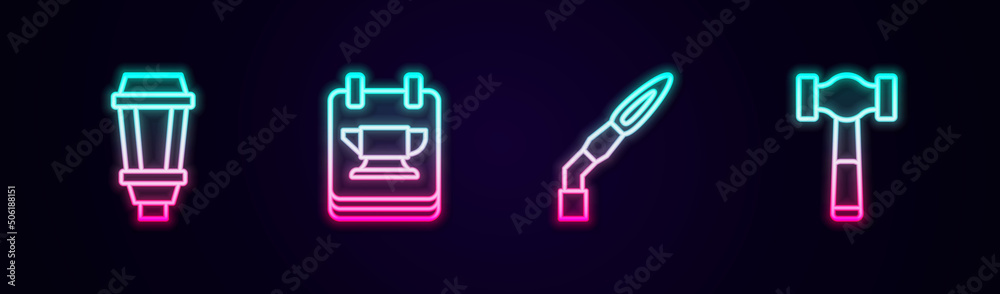 Set line Garden light lamp, Blacksmith anvil tool, Welding torch and Hammer. Glowing neon icon. Vector Set line Garden light lamp, Blacksmith anvil tool, Welding torch and Hammer. Glowing neon icon. Vector