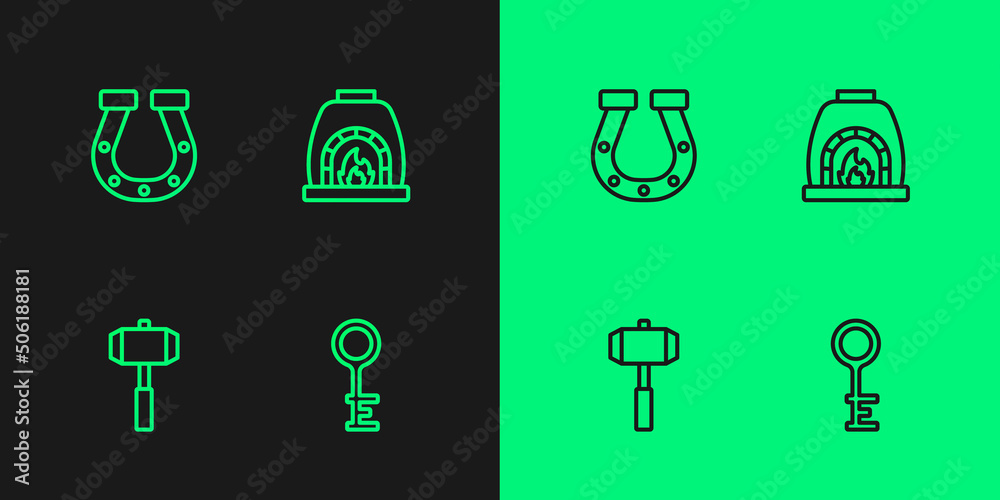 Set line Old key, Sledgehammer, Horseshoe and Blacksmith oven icon. Vector Set line Old key, Sledgehammer, Horseshoe and Blacksmith oven icon. Vector