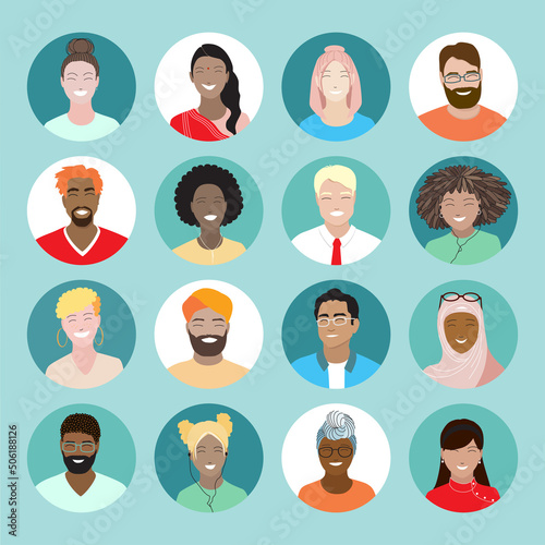 Set of colorful avatars, diverse smiling people. Minimal cartoon young female, male portraits. Multicultural diversity students, international team, arabic, asian, african, indian friends. Flat vector