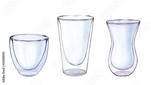 Set Watercolor empty glass tumbler for water, cocktail, coffee isolated. Glass Tableware. Hand drawing illustration