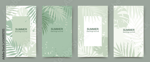 Summer green background with tropical palm leaves. Abstract banner with jungle  theme. Set of backgrounds for social media post, sale, flyer, postcard, poster
