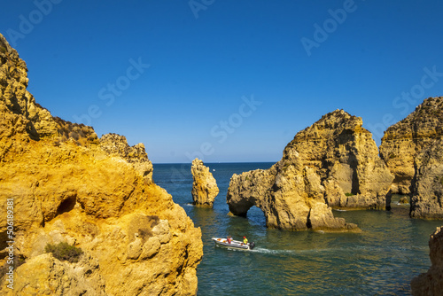 Panoramic view with Cliff, rocks and emerald sea at Ponta da Piedade near Lagos, Algarve, Portugal