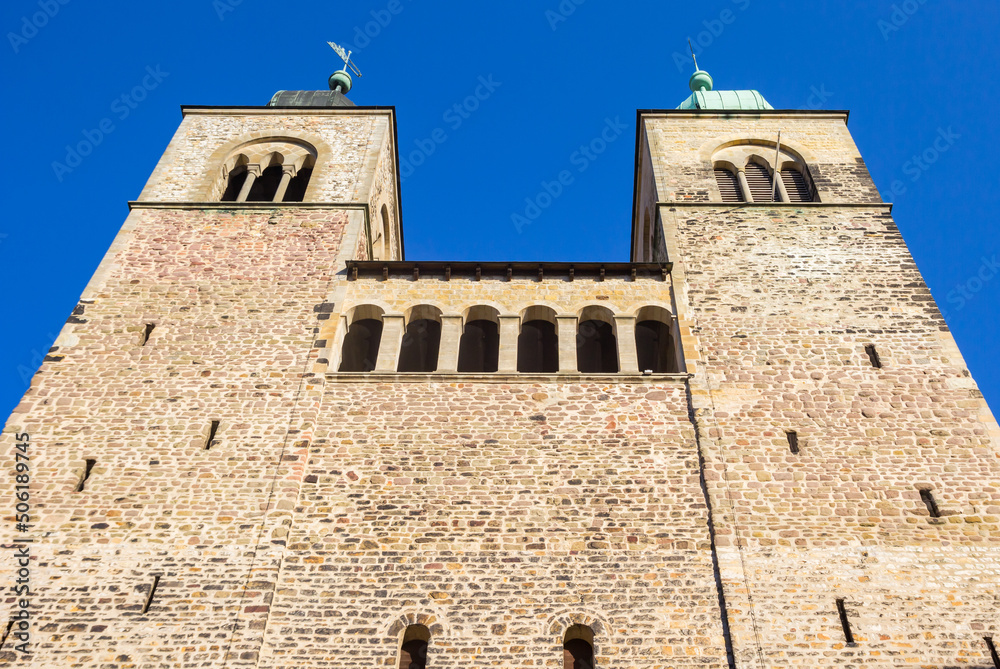 Towers of the historic Sankt Sebastian church in Magdeburg, Germany