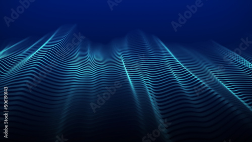 Dynamic blue wave on a blue background. Visualization of big data. A futuristic wave of particles. Science and technology. 3d rendering.