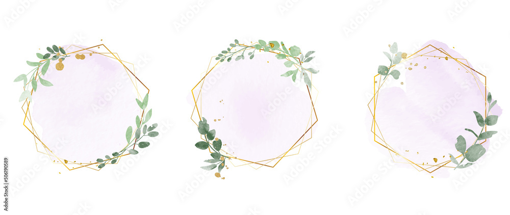 Luxury botanical gold wedding frame elements on white background. Set of rectangle, glitters, eucalyptus leaves, blue leaf branches. Elegant foliage design for wedding, card, invitation, greeting. - obrazy, fototapety, plakaty 
