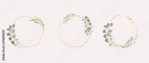 Luxury botanical gold wedding frame elements on white background. Set of polygon shapes, glitters, eucalyptus leaves, leaf branches. Elegant foliage design for wedding, card, invitation, greeting.