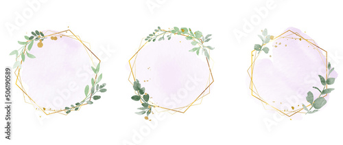 Luxury botanical gold wedding frame elements on white background. Set of rectangle, glitters, eucalyptus leaves, blue leaf branches. Elegant foliage design for wedding, card, invitation, greeting.