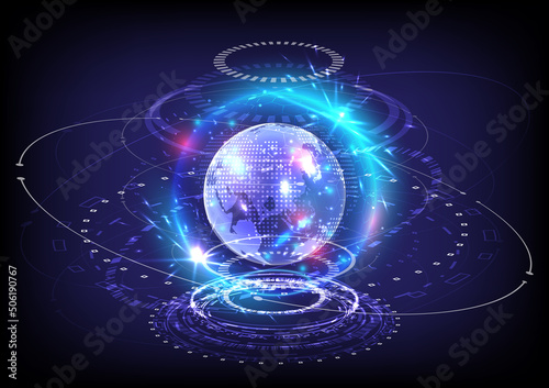GUI and UI virtual reality. Portal and hologram science futuristic technology cyberpunk. Sci-fi digital hi-tech in glowing HUD projector. Magic gate in game fantasy. Circle teleport podium and globe