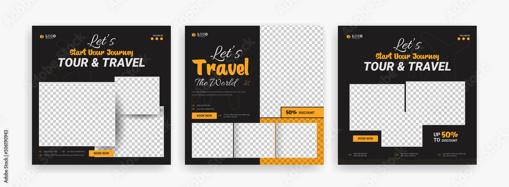 Fototapeta premium Traveling social media post banner template design, Tour travel holiday tourism marketing social media post