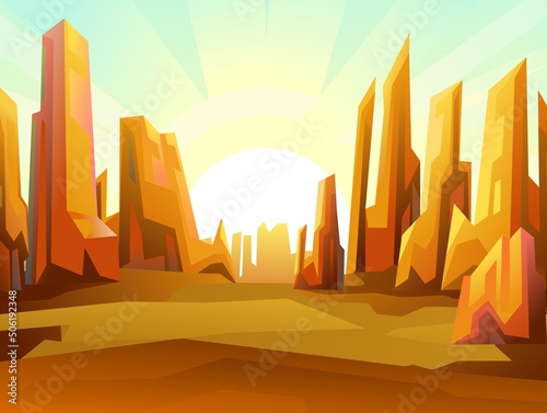 Rocky landscape. Sharp stone cliffs. View of an uninhabited planet. Sunset sunrise on horizon. Desert during the day. Vector
