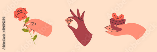 Set of colorful hands holding different objects. Different gestures. Hands with rose, diamond, gift box. Colored flat graphic vector isolated illustration.
