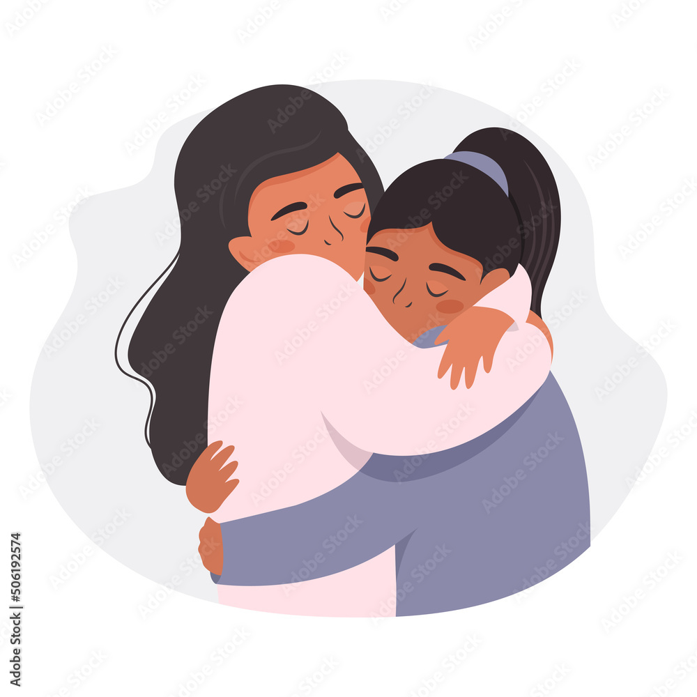 Obraz premium Two women embracing each other, expressing love, affection, and support. Female friend hugs. Flat vector illustration for friendship, strong relations, support concept. 