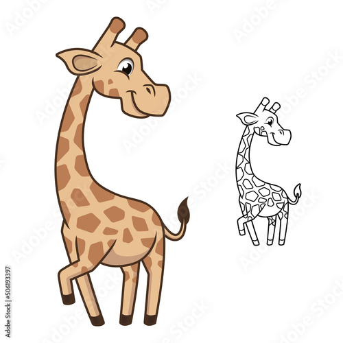 Cute Happy Baby Giraffe with Black and White Line Art Drawing